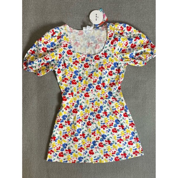 RIXO Dresses & Skirts - Rixo Floral Linen Blend Mini Summer Dress Puff Sleeves- Bold Spring Whimsical